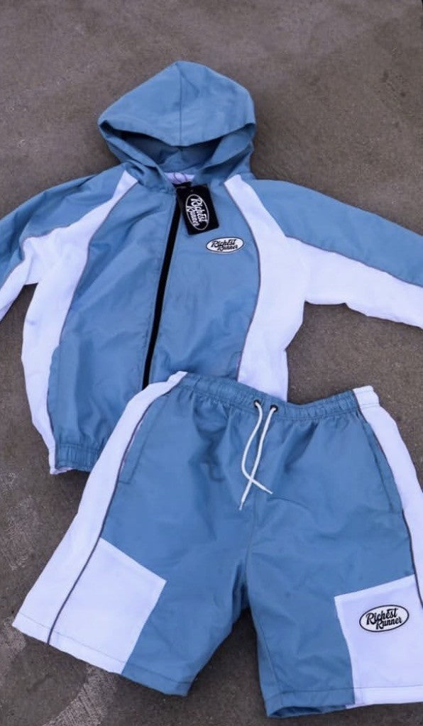 Blue And White Windbreaker Short Set