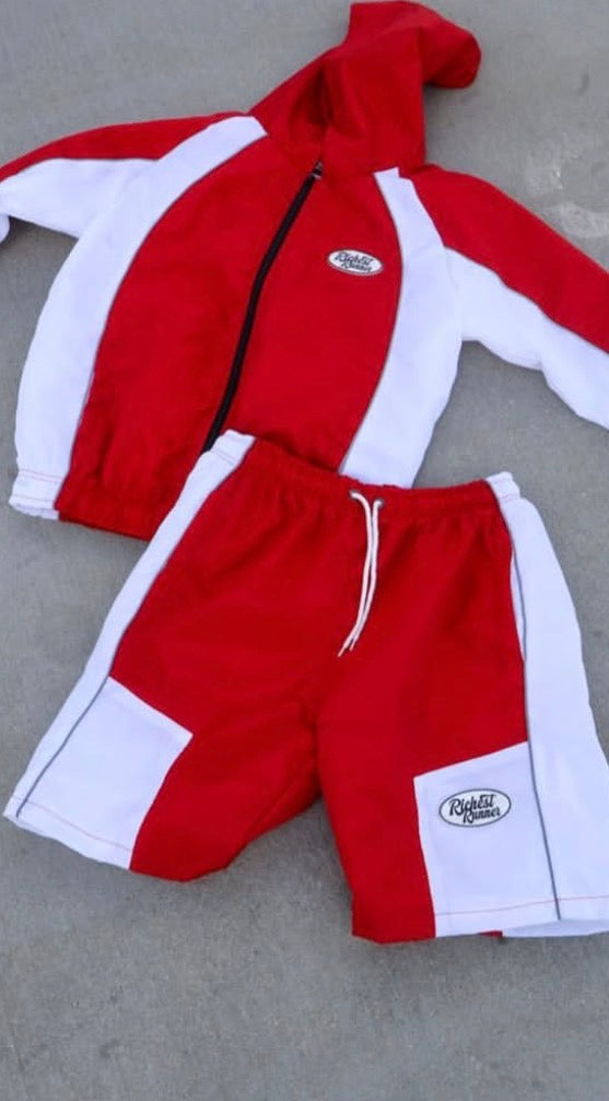 Red And White Windbreaker Short Set
